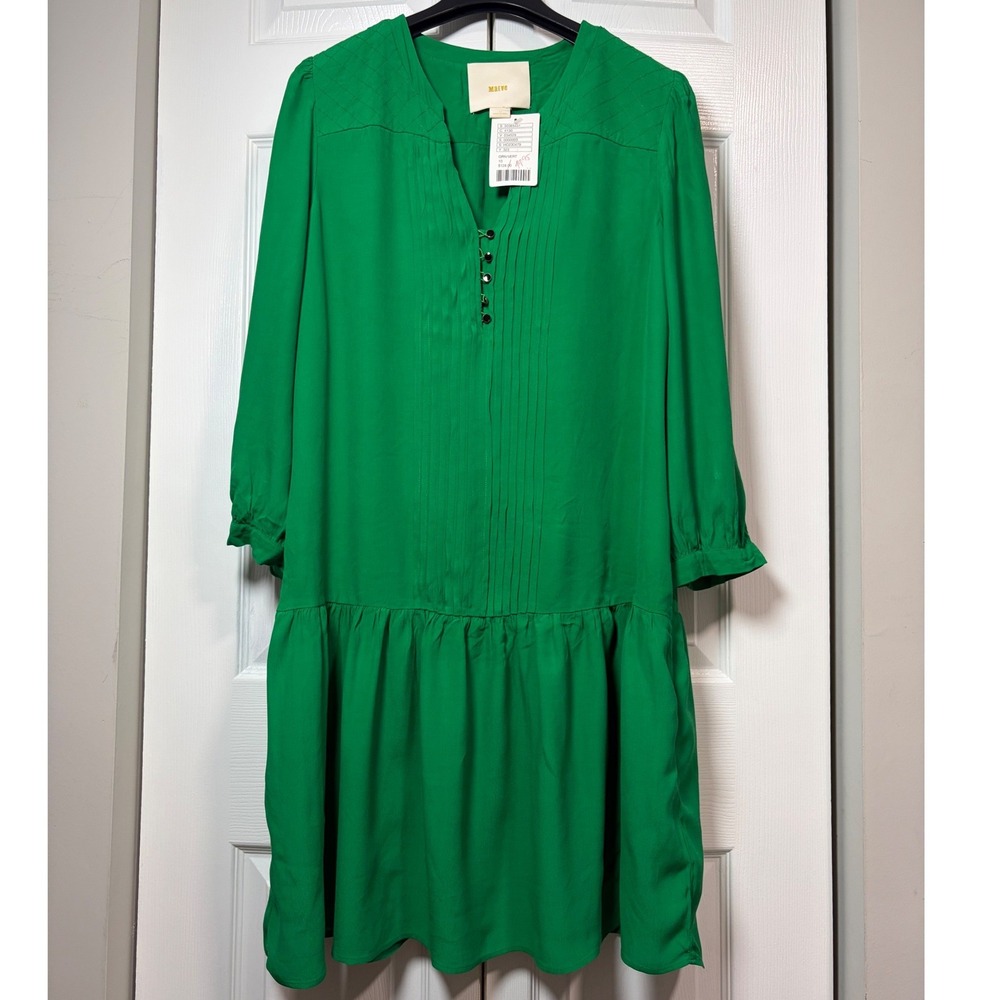 Maeve Anthropologie Green Pintuck Drop Waist Mini Dress Pockets Size 10 NEW - Picture 11 of 12